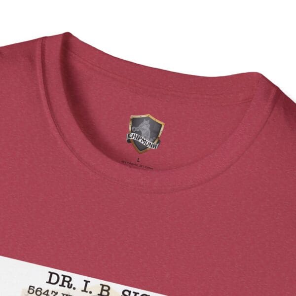 Laughter T-Shirt in red featuring a Chipmunk logo inside the collar and visible "DR. I.B. SICKO" text on the front.