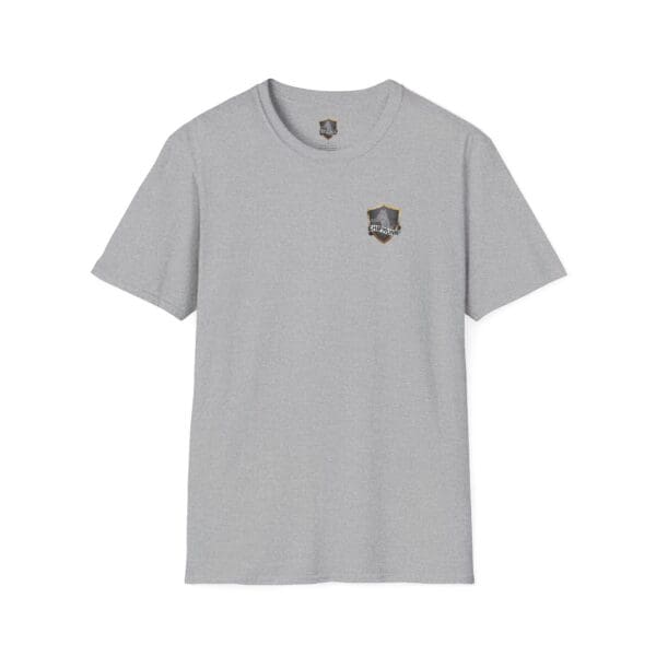 Kick Me T-Shirt in gray featuring a small crest logo on the upper left side.