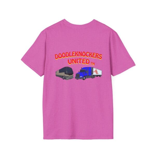 The Doodleknockers Bus and Truck T-Shirt is pink with cartoon images of a grey bus and a blue truck, featuring the text "DOODLEKNOCKERS UNITED™" printed in bold, red letters above them.