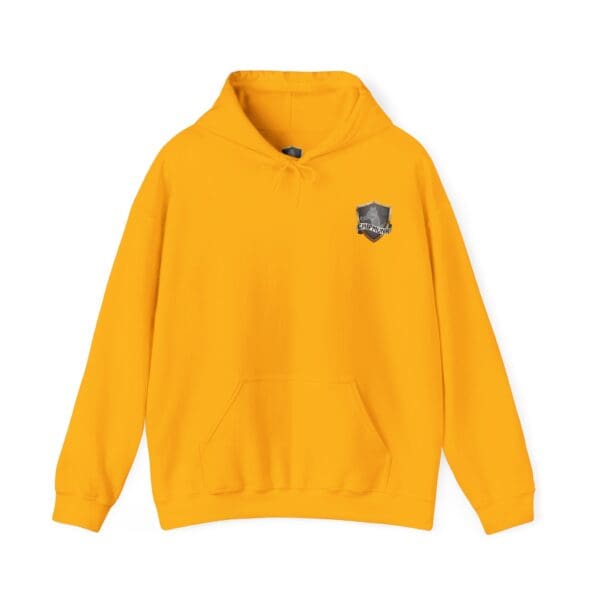 Introducing the Chipmunk Family Graphic Hoodie: a vibrant yellow sweatshirt featuring a subtle dark shield emblem on the left chest, complete with a front pocket and a drawstring hood.