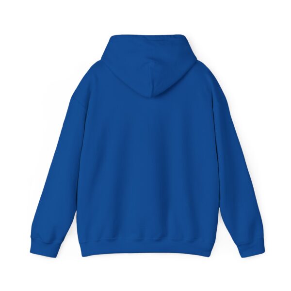 Back view of the Chipmunk Hoodie, showcasing its plain blue design with a hood and long sleeves, set against a white background.