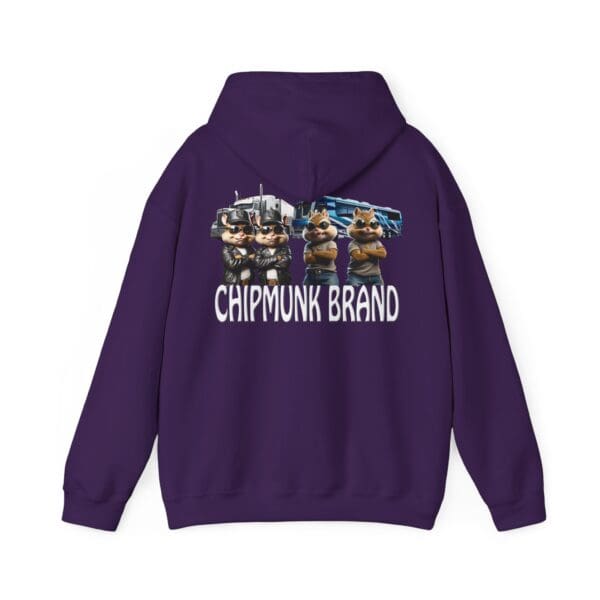 Chipmunk Family Graphic Hoodie in purple featuring three cartoon chipmunks dressed as police officers standing by a truck, accompanied by the "Chipmunk Brand" text.