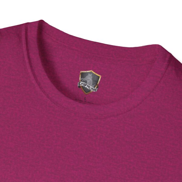 Close-up of a magenta shirt collar with a Douche Canoe T-Shirt label by Chipmunk brand visible inside.