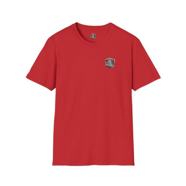 Vacation T-Shirt in red featuring a small abstract emblem on the upper left side.