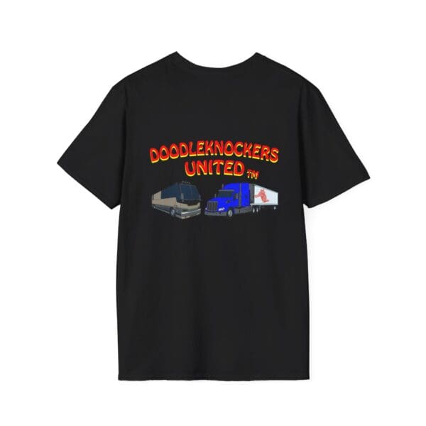 Black T-shirt featuring vibrant "Doodleknockers Bus and Truck" text along with two illustrated trucks on the back.