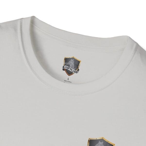 Close-up of a white Vacation T-Shirt featuring a small logo and label near the collar that reads "Chipmunk, 100% Cotton, L.