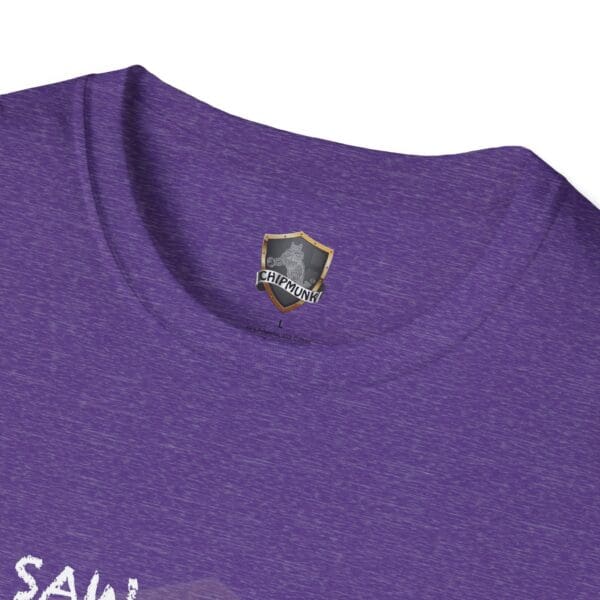 Close-up of a purple I Saw T-Shirt collar with a Chipmunk label attached to the inside.