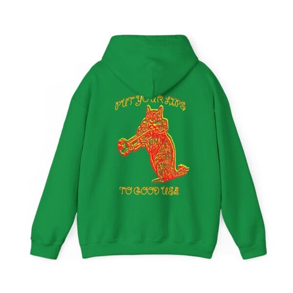 Green hoodie featuring a bold graphic of a fox with a bazooka-like object, alongside the text "PUT YOUR LIPS TO GOOD USE.