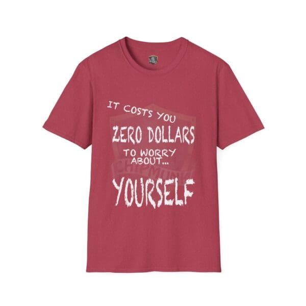 A Zero T-Shirt in maroon featuring the text "It costs you zero dollars to worry about...yourself" in a bold white font.