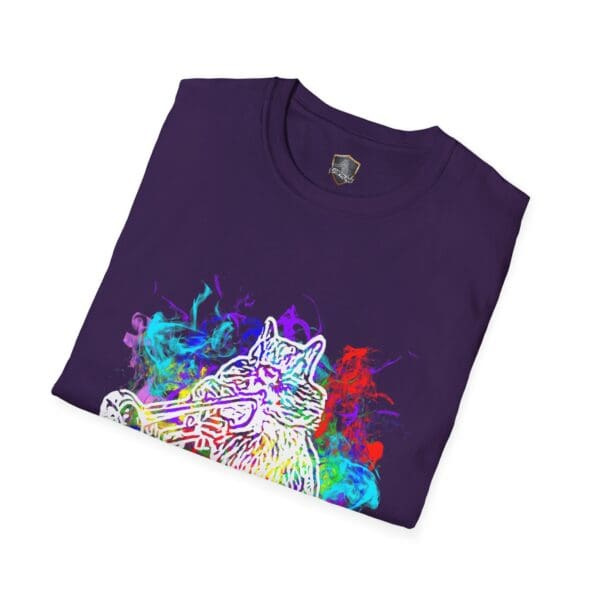 Smoked Chipmunk T-Shirt featuring a colorful abstract design of a wolf surrounded by vibrant, swirling patterns in purple.