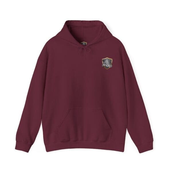 Chipmunk Family Graphic Hoodie in maroon, featuring a front pocket and a small shield-shaped logo on the left chest.