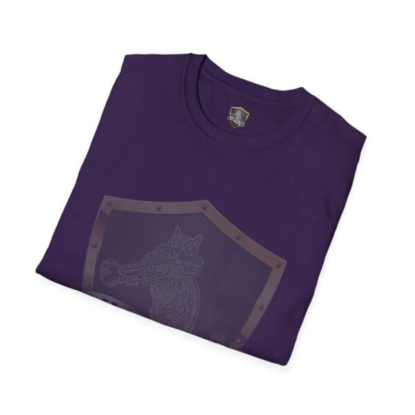 Folded Chipmunk Brand T-Shirt in purple, showcasing a printed design of a dog holding a pipe within a shield outline.