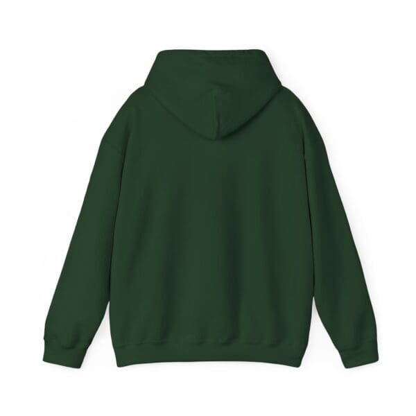 A back view of the Chipmunk Hoodie, featuring a plain dark green design with a hood and long sleeves, set against a white background.