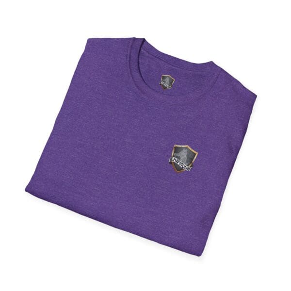 Folded purple Doodleknockers Bus and Truck T-Shirt featuring a small shield-shaped emblem with a lion and the word "BRAVERY" on the front.