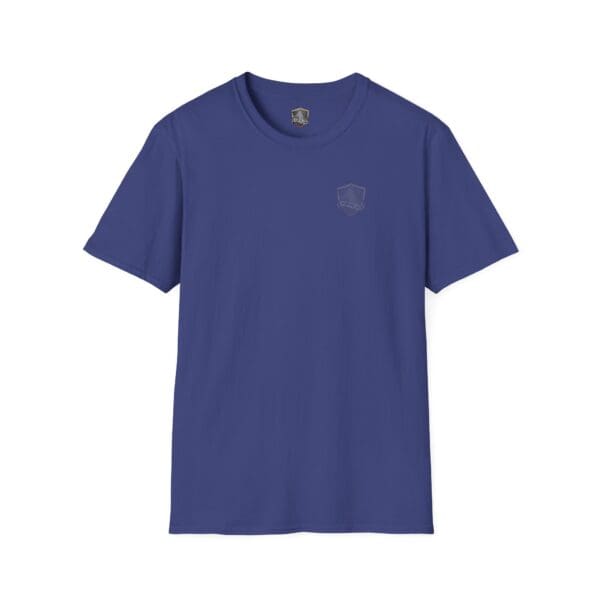 The "You Bought It Because We Brought It T-Shirt" in plain blue features a small, subtle emblem on the upper left chest.