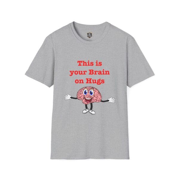 Gray t-shirt titled 'This is Your Brain on Hugs T-Shirt,' featuring a cartoon brain character and the text: "This is your Brain on Hugs.