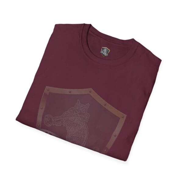 Folded Chipmunk Brand T-Shirt in maroon featuring a shield and wolf design on the front.