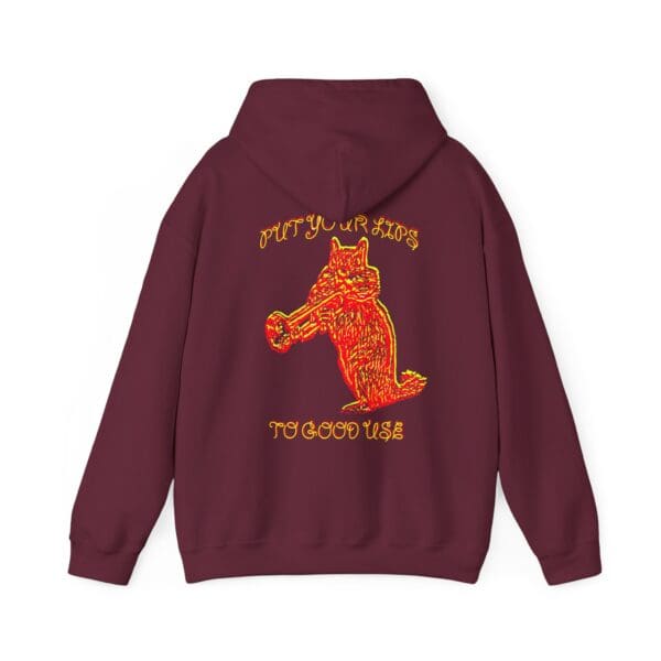 Maroon hoodie featuring a yellow-orange graphic of a wolf playing a trumpet, with text that reads "Put Your Lips To Good Use.