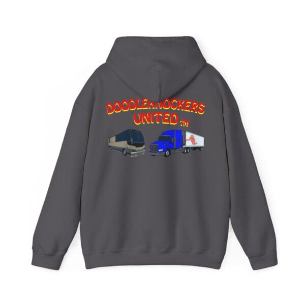 Gray "Doodleknockers Bus and Truck" hoodie featuring colorful text "Doodlearockers United™" above illustrations of a bus, a blue truck, and a white truck.