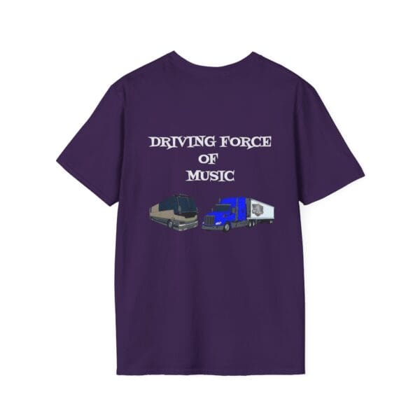 Driving Force T-Shirt in purple featuring text "Driving Force of Music" and an illustration of a tour bus and a truck.