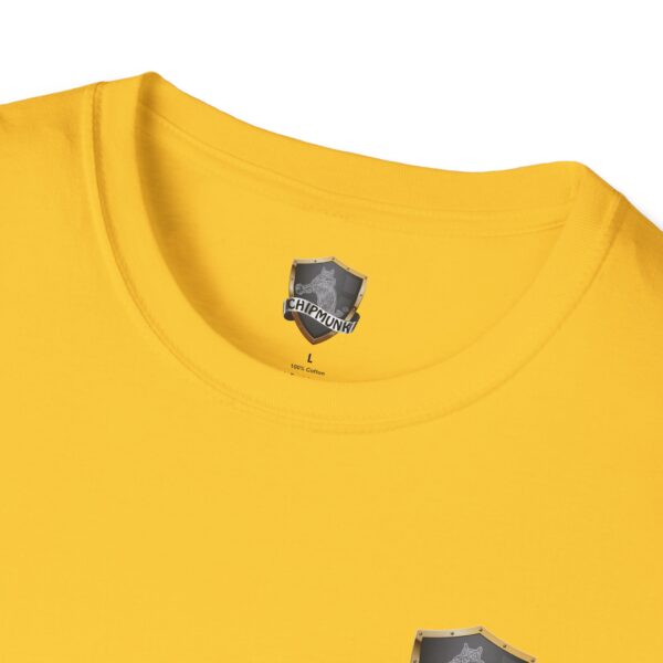 A close-up of a yellow t-shirt with a round neckline, featuring the "Chipmunk" label inside that indicates it is the Driving Force T-Shirt in size large, made of 100% cotton.