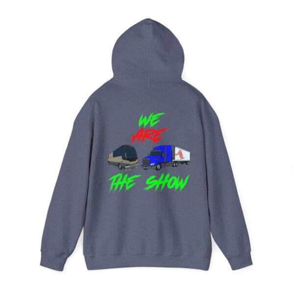 A gray "The Show Hoodie" showcases "WE ARE THE SHOW" text alongside illustrations of a tour bus and a truck on the back.