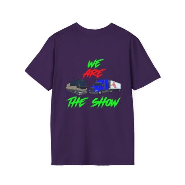 The Show T-Shirt in purple, featuring images of two trucks with the text "We Are the Show" in red and green.