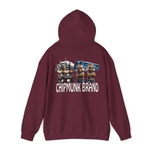 Introducing the Chipmunk Family Graphic Hoodie: a maroon hoodie adorned with a graphic of three chipmunks in front of a truck, complete with the "Chipmunk Brand" text underneath.