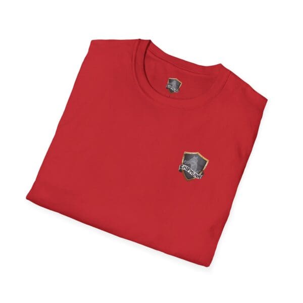 Vacation T-Shirt in red, adorned with a small shield logo that showcases a lion and includes the word "Strength" in the upper left corner.