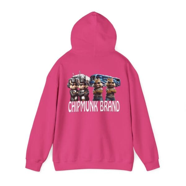 Pink Chipmunk Family Graphic Hoodie featuring cartoon chipmunks in police uniforms with "Chipmunk Brand" text on the back.