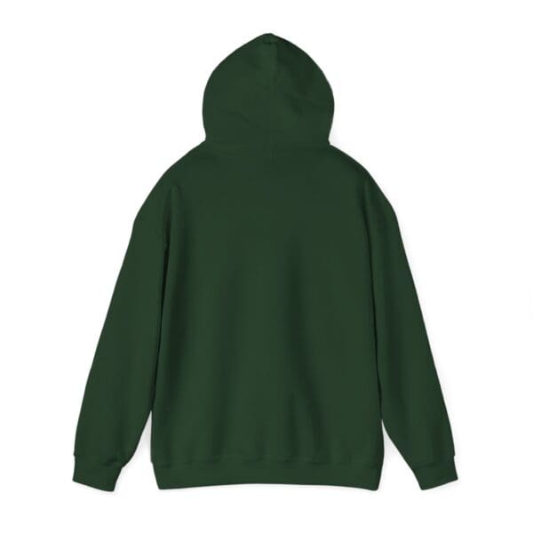 The Gen X Hoodie in dark green is showcased against a white background, highlighting the back side.