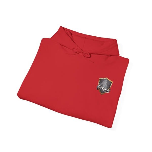 The Chipmunk Family Graphic Hoodie, in red with a logo that includes a shield and text on the chest, is neatly folded against a plain white background.