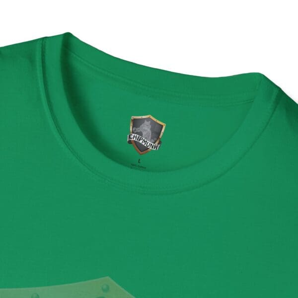 Close-up of a green Chipmunk Brand T-Shirt featuring a label inside the collar with a shield design and the word "Chipmunk.