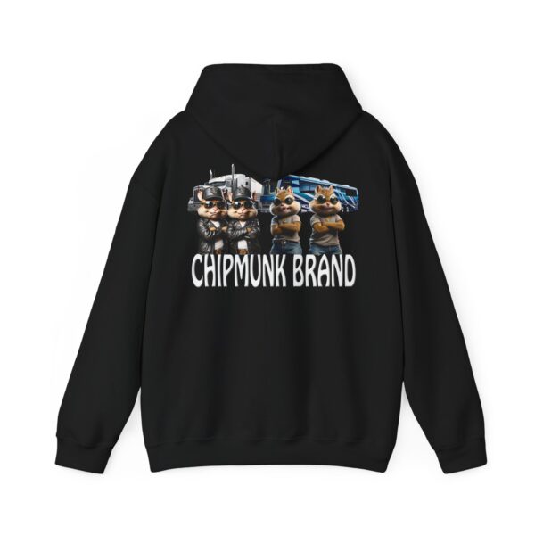 Chipmunk Family Graphic Hoodie showcasing animated chipmunks in front of a truck.