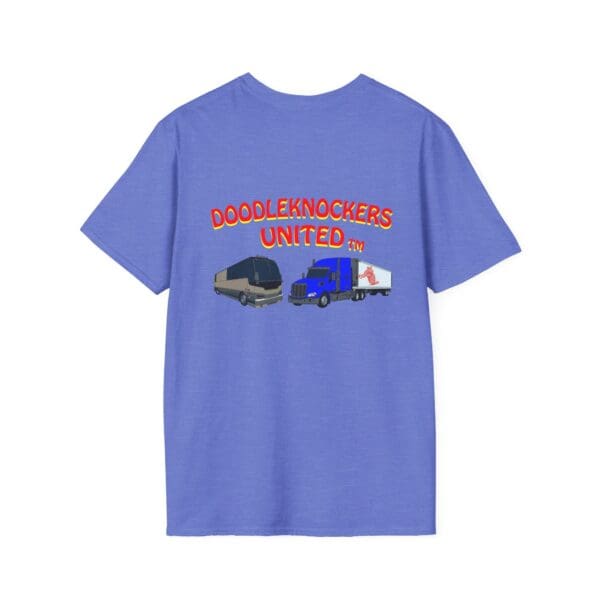 Blue T-shirt named "Doodleknockers Bus and Truck T-Shirt" featuring text "Doodleknockers United" and images of a bus and a truck on the back.