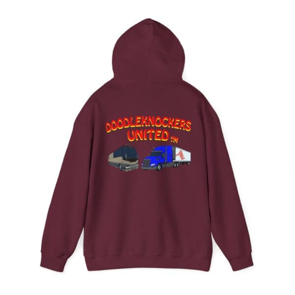 Maroon hoodie featuring the text "Doodleknockers United" and images of two trucks, known as the Doodleknockers Bus and Truck Hoodie.