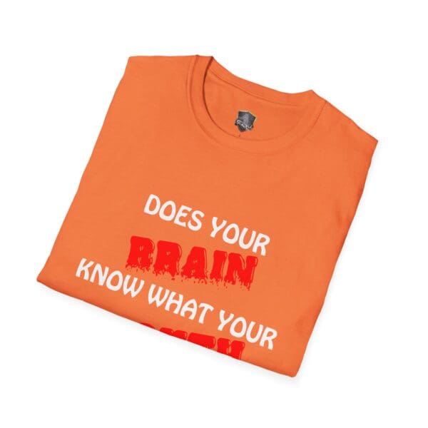 Your Brain T-shirt in orange featuring the phrase "Does your brain know what your heart feels?" in white and red lettering.