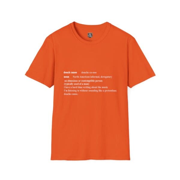 Orange "Douche Canoe" T-shirt featuring the definition of a slang term that describes an objectionable person.