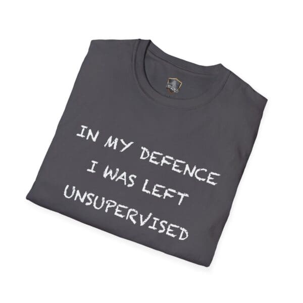 A folded gray Unsupervised Mischief T-Shirt featuring the white text "In my defence I was left unsupervised.