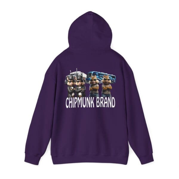 Purple Chipmunk Family Graphic Hoodie featuring animated chipmunks in front of trucks, with "CHIPMUNK BRAND" text on the back.