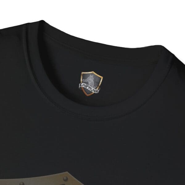 Close-up of the Chipmunk Brand T-Shirt in black, featuring a shield-shaped logo with a chipmunk and the word "CHIPMUNK" inside the neckline.