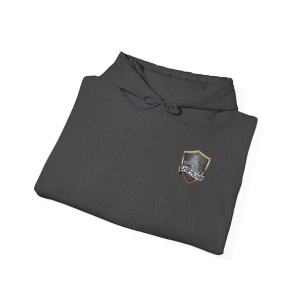 A folded Show Hoodie in dark gray featuring a small, shield-shaped logo on the chest.