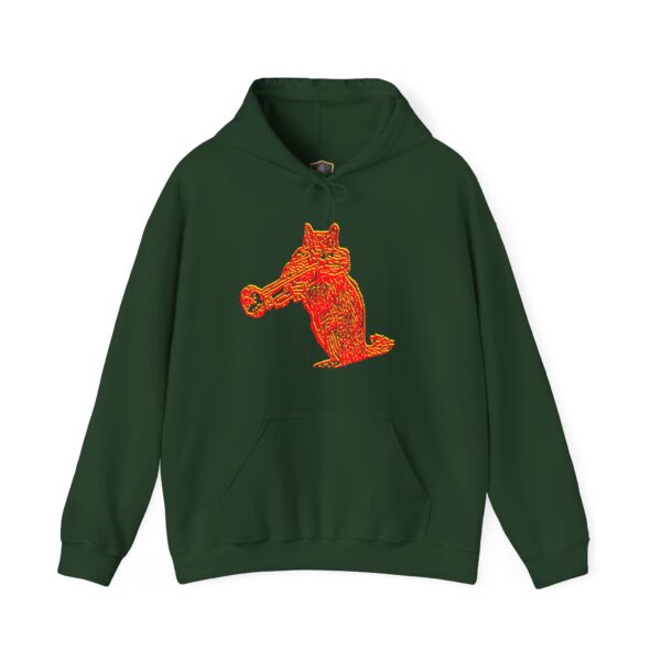 Chipmunk Hoodie in green featuring a design of an orange fox playing a trumpet on the front.