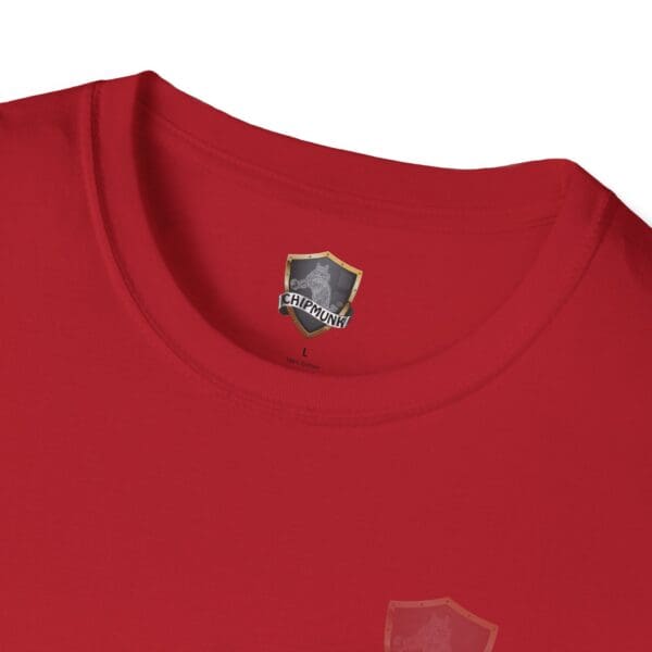 Close-up of a red "You Saw It Because We Brought It" T-shirt with a Chipmunk logo on the inside collar.