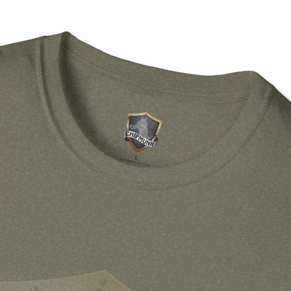 Close-up of a gray-green t-shirt neck with an "I'm Not Fit for Public Consumption" logo label inside, displaying size L and fabric details.