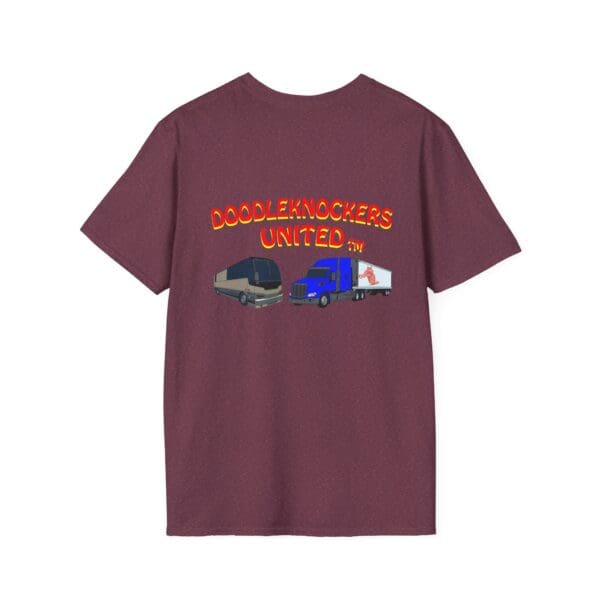 Brown Doodleknockers Bus and Truck T-shirt showcasing illustrations of a tour bus and a semi-truck with the text "Doodleknockers United.