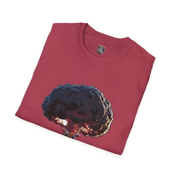 A folded red Not My Nuts T-Shirt with a mushroom cloud graphic on the front.