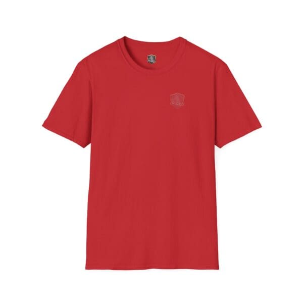 You Bought It Because We Brought It T-Shirt in red featuring a small logo on the left chest, set against a white background.