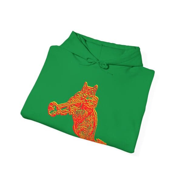 Chipmunk Hoodie in green, featuring a red and yellow graphic of a stylized wolf holding a bone.