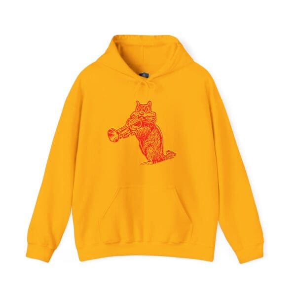 Yellow Chipmunk Hoodie with a red graphic of a fox holding a trumpet on the front.